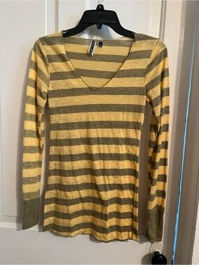 BKE Yellow and Olive Striped V-Neck Long Sleeve Top